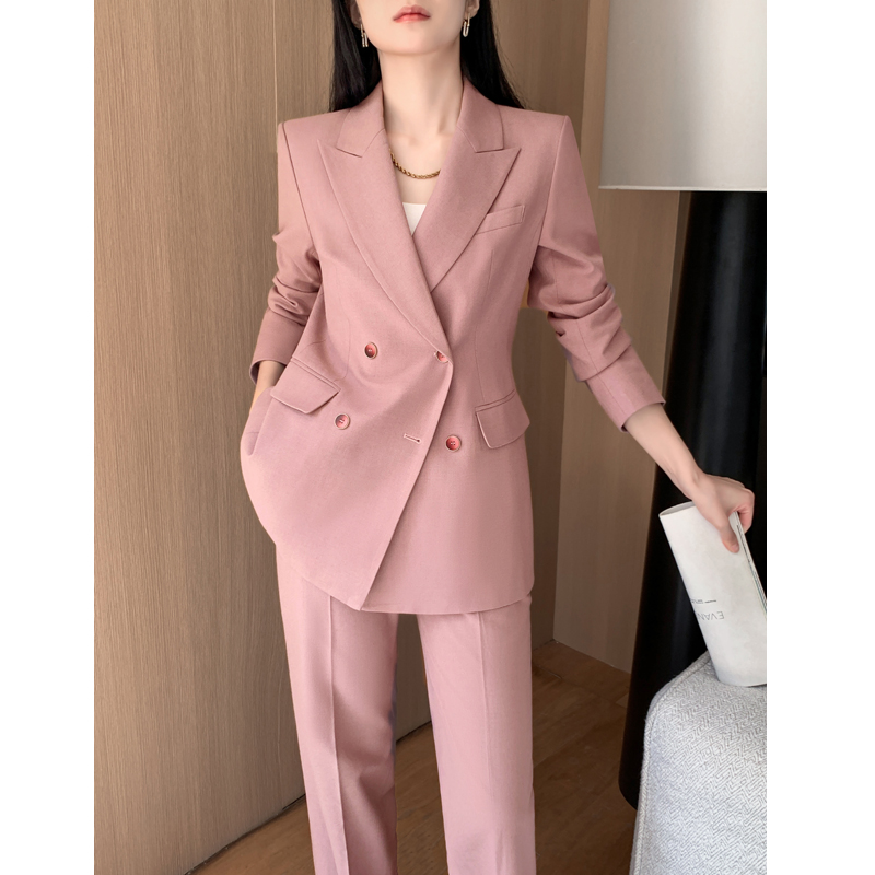粉色西装套装女高级感春秋时尚洋气职业正装阔腿裤休闲小西服外套