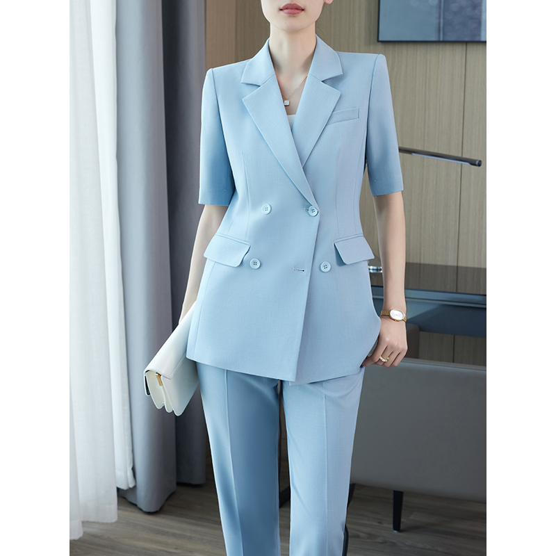 休闲西装套装女2026新款夏季薄款高级感小个子职业短袖西服外套蓝