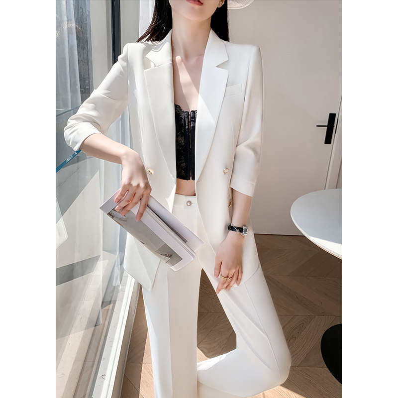 白色西装套装女夏薄款高级感职业正装名媛气质阔腿裤休闲西服外套