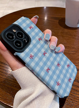 适用vivo x200手机壳x100s x90 x80 x70 x60 x50 pro新款防摔x200pro mini皮纹高级感保护套淡蓝色格纹蝴蝶结