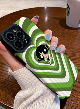 创意绿色爱心女孩适用OPPO reno8 reno7 pro手机壳reno6pro皮纹reno5 7 se 4新款全包高级硅胶保护套软壳潮牌