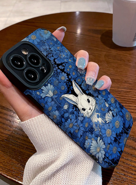 适用vivo Y97手机壳蓝色花朵白兔子Y93 Y85 Y81S新款创意Y77 Y76S Y73S Y71 Y70S Y55S Y33 Y30高级感保护套