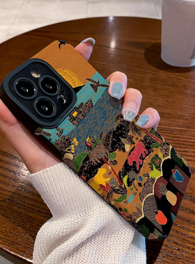 适用华为mate60pro mate50 40 80e手机壳p60 p50 p40皮质nova11 15 9 8 7 6防摔保护套小众油画夕阳森林老虎