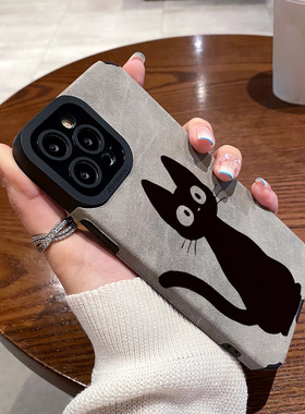 适用OPPO reno11 10 9 8 7 6 PRO+手机壳新款硅胶软reno5 14 reno8pro 7se 5G女保护套翻毛皮秋冬款黑色小猫