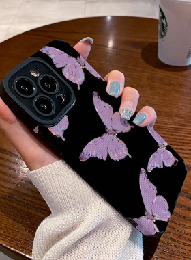 个性黑底紫蝴蝶适用vivo x60 x70 x80 x50 pro手机壳x27 x20 x23幻彩版 x80proplus保护套硅胶壳软男女高级感