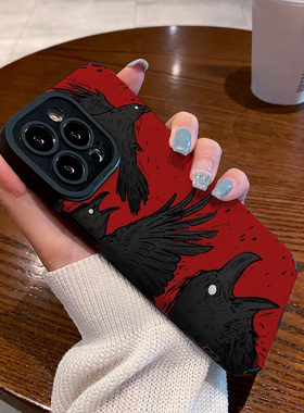 适用vivo x100 x90 60 x70 x80 x50pro手机壳x27 x23幻彩版x80pro皮质软新款防摔保护套小众红底彩绘黑色乌鸦