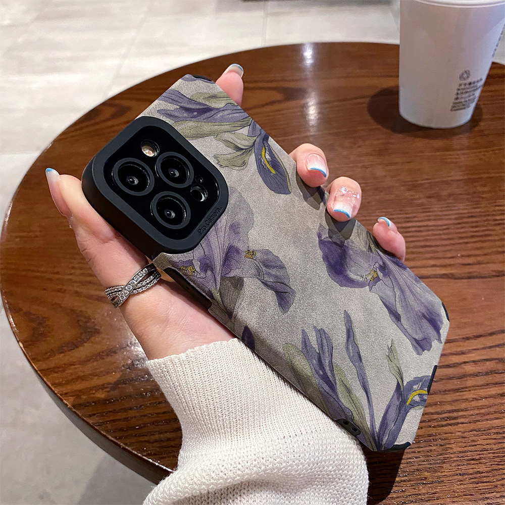 适用vivo s20手机壳s19/s18/s17/s16e/s15/s30/10/pro硅胶s9 s7皮质防摔新款秋冬款翻毛皮紫色油画花朵保护套