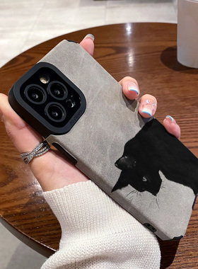 适用vivo s19手机壳s17/s16e/s15/s30/10/pro新款s9 s7 s6硅胶皮质软s16pro防摔女翻毛皮低头黑色猫咪保护套