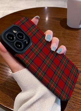 适用OPPO reno11 10 9 8 7 6 PRO+手机壳皮质软全包reno5 14 reno8pro 7se 5G女保护套小众复古拼接红色格子