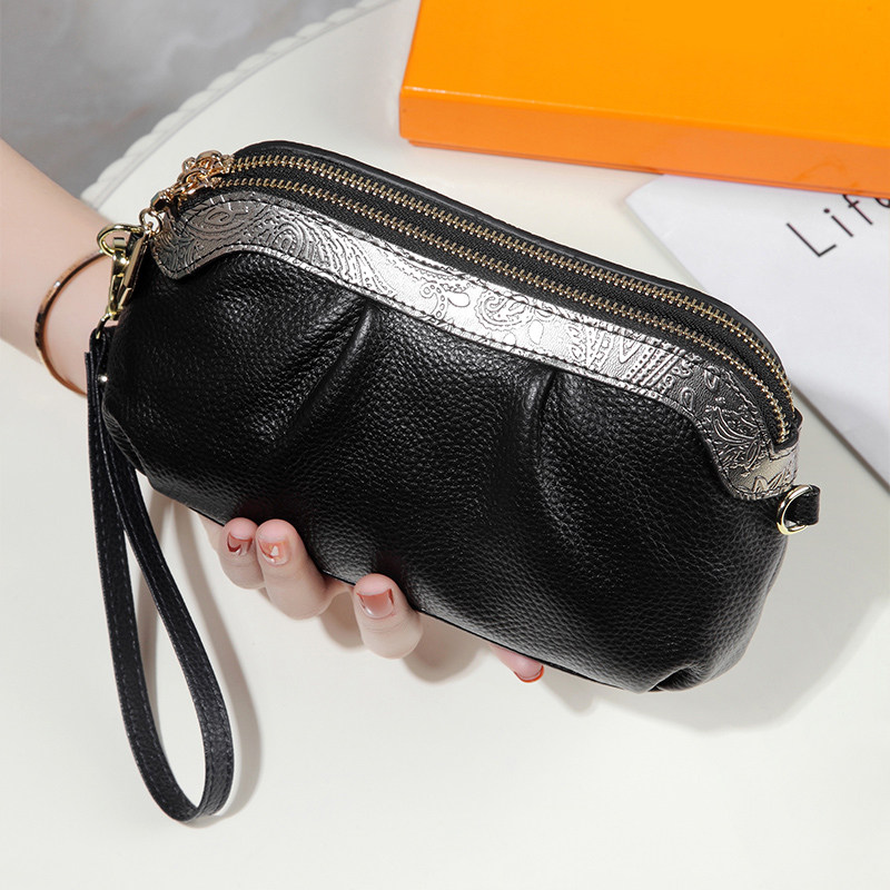 双拉链真皮斜挎小包包女气质2023新款软牛皮贝壳手包放手机大容量