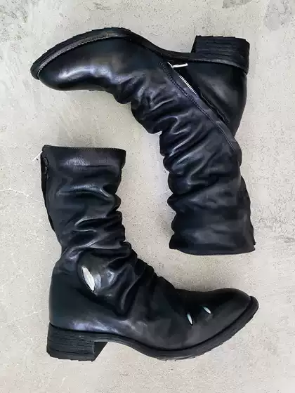 Dark Pioneer Style 2687P Zipper Titanium Alloy Goodyear High-Gloss Horse Leather Wrinkle Boots for Men