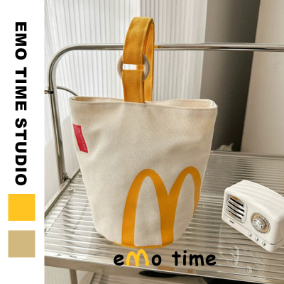 emo原创M记麦麦门帆布袋水桶包情侣学生休闲个性创意礼物收纳包