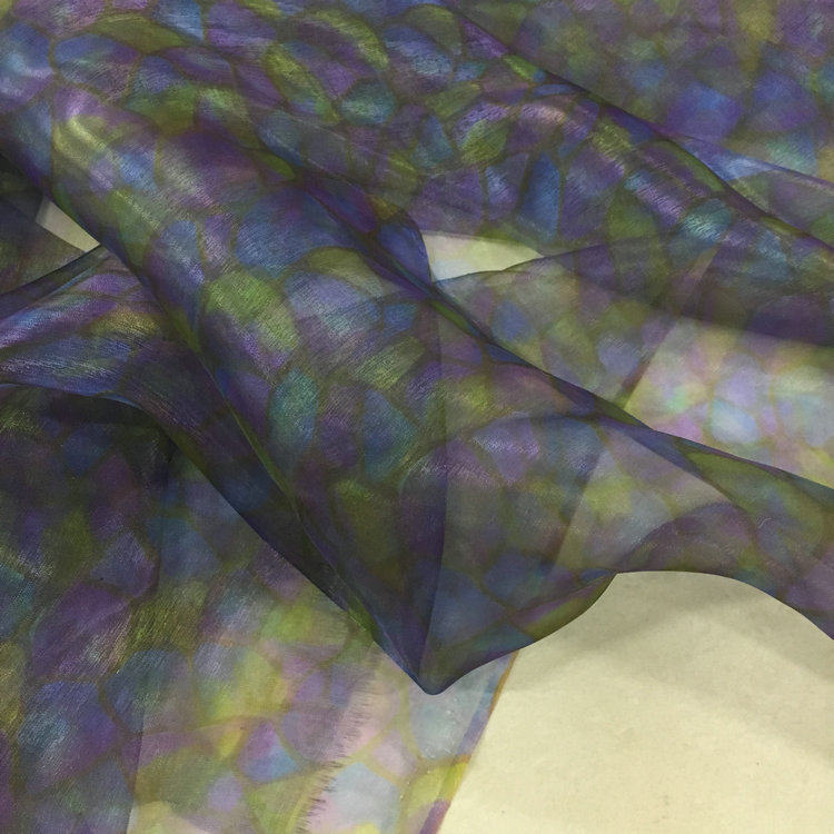 梦幻紫调 进口欧根纱面料 光泽感几何印花透视时装连衣裙汉服布料