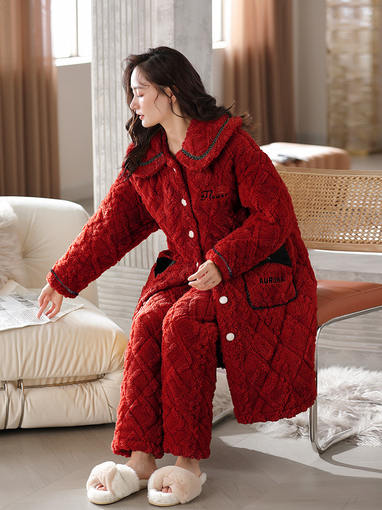 睡衣珊瑚绒女冬季三层夹棉睡袍套装2025新款女士中长款加绒加厚
