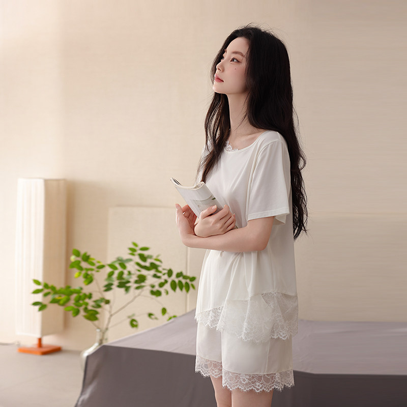 熙泊品女士夏季莫代尔棉睡衣2026新款高级感家居服女短袖蕾丝套装
