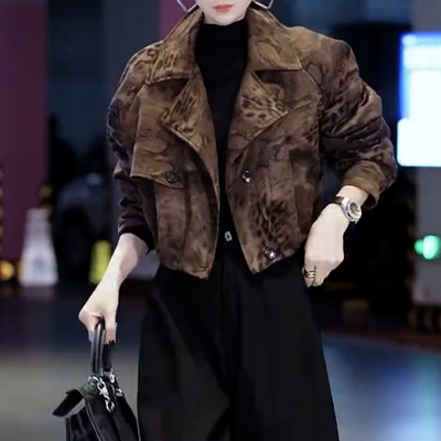 美式豹纹拼接保暖短款外套女