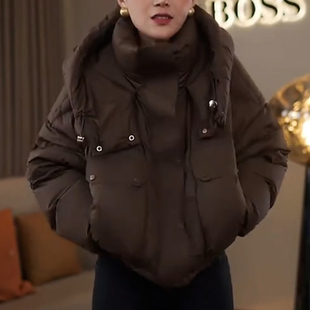 复古连帽小众设计师高级感安心绒羽绒服短款通勤纯色保暖羽绒外套