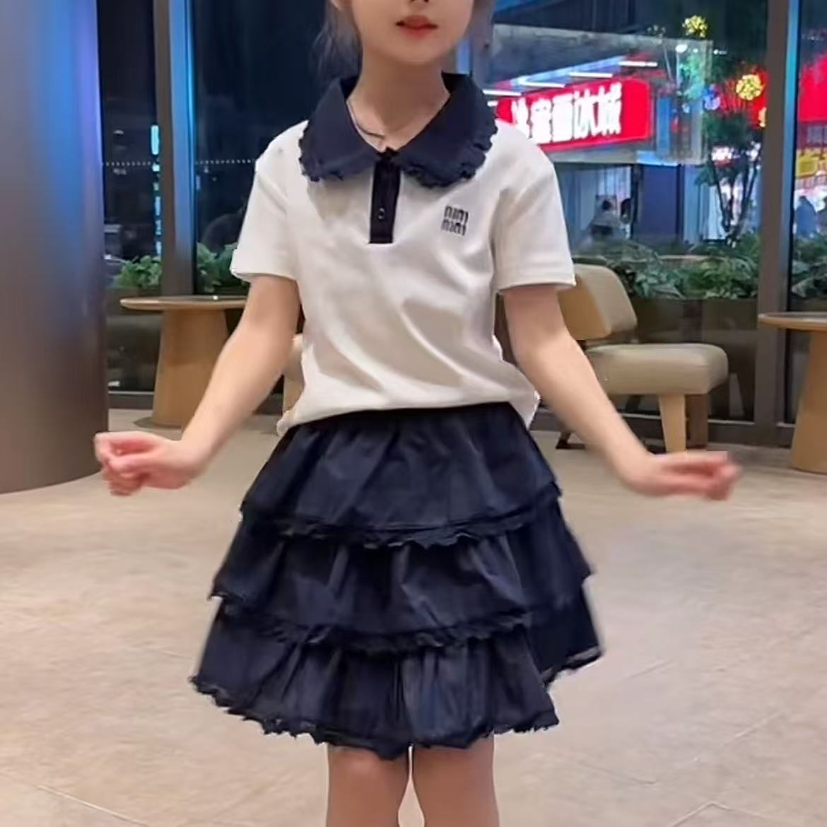 女童夏季短袖t蛋糕裙套装童装学院风POLO衫短裙子T恤儿童舞蹈表演