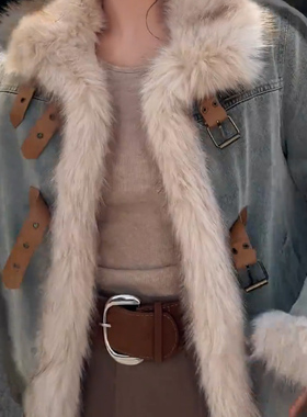蓝色毛领皮草外套女冬季时尚洋气加厚短款毛绒上衣牛仔羽绒外套女