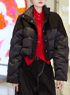 气质短款加厚立领保暖小众羽绒棉服高级感拼色通勤棉衣黑色棉袄女
