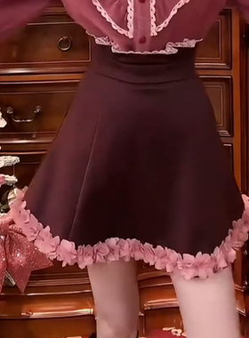 法式复古百褶半身裙秋冬高腰撞色显瘦A字短裙少女感显瘦半身裙女