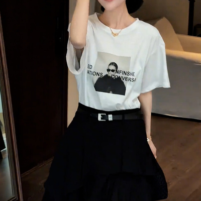 韩版字母宽松短袖T恤短袖裙套装