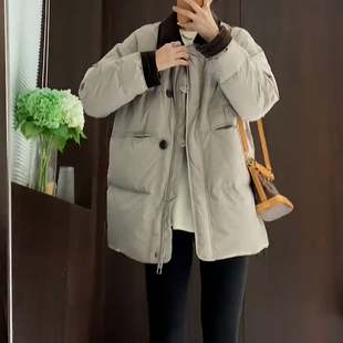 高级感翻领撞色棉服女秋冬新款宽松显瘦加厚保暖中长款羽绒服外套