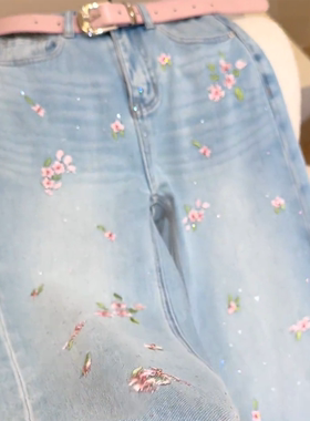 花朵刺绣牛仔裤女高腰宽松显瘦百搭直筒裤夏日花园风女士休闲长裤