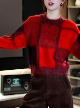 复古拼接风圆领红色格子毛衣女宽松慵懒风保暖针织衫节日氛围感女