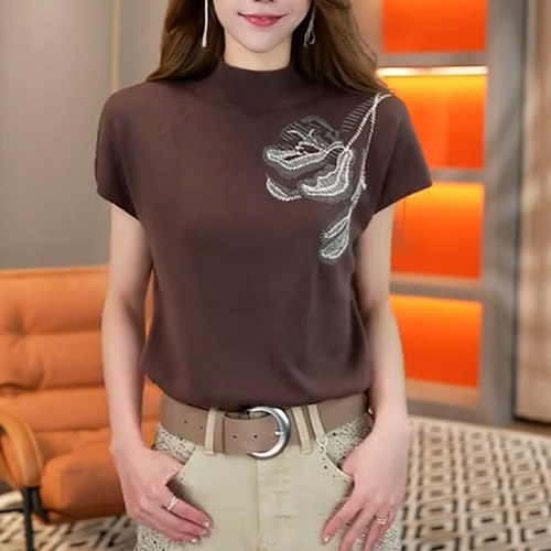 通勤风半高领刺绣短袖针织T恤女
