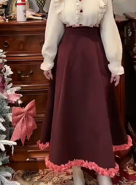 复古气质设计感半身裙秋冬高腰撞色花边A字裙中长款气质半身裙女
