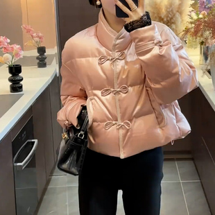 冬季新款白鸭绒抓花仿皮缎羽绒服国风高级感气质盘扣高端羽绒棉服