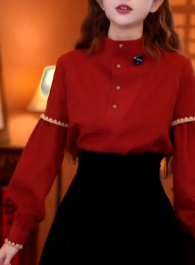 复古港风红色立领衬衫女长袖金属扣设计感气质上衣高级感打底衫女