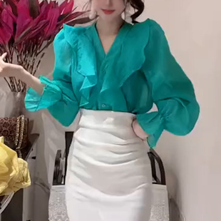 法式甜美风荷叶边V领系带雪纺衫女长袖绿色上衣设计感衬衫上衣女