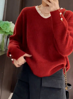 设计感时尚拼接假两件V领毛衣女士冬季新款红色针织衫内搭打底衫
