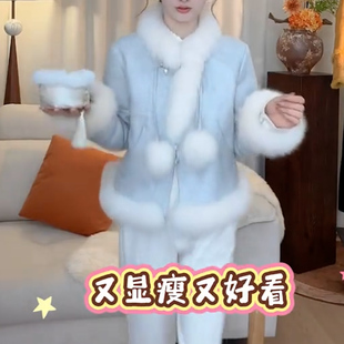 冬季新款狐狸毛麓皮羽绒服保暖皮草通勤长袖纯色加厚羽绒棉服外套