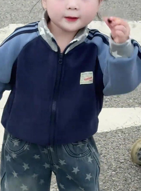 女童加绒套装秋冬新款韩版时尚星星撞色外套儿童加绒牛仔裤两件套