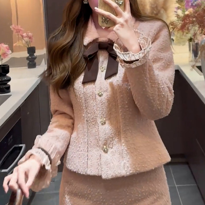 小香风蝴蝶结高腰A字裙两件套