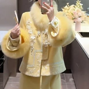新中式狐狸毛刺绣盘扣外套鱼尾裙两件套女秋冬千金风套装羽绒服女