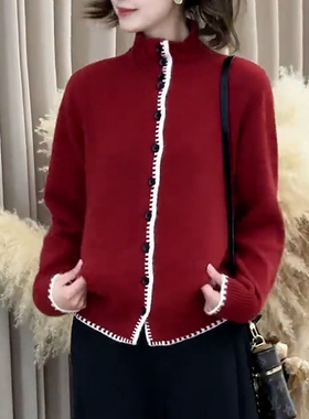 红色立领单排扣针织开衫女长袖拼色毛衣时尚打底衫上衣圣诞新年女