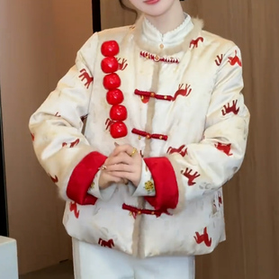 新中式印花棉服女盘扣毛毛边宽松百搭新年好运穿搭棉袄复古开衫女