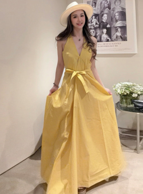 度假风黄色V领连衣裙女夏长裙收腰系带显瘦气质裙