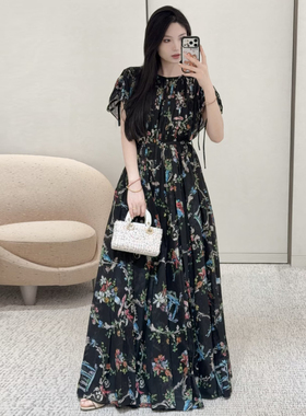 暗黑花卉美学黑色碎花连衣裙女长款收腰喇叭裙摆复古