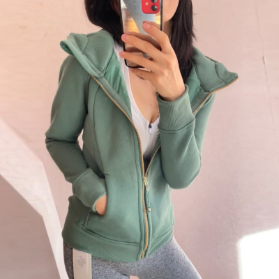 修身显瘦绿色连帽开衫卫衣女拉链运动通勤风外套
