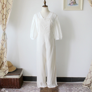 清仓 长裤 日单 麻质高腰纯色背带直筒裤 日系减龄春夏薄款 0420