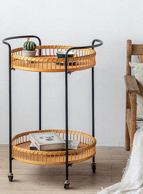 可移动茶几推车h置物架双层藤编带轮小桌子复古客厅小户型沙发边