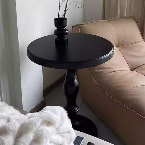 法式美式餐桌g黑色实木中古圆形咖啡桌洽谈木质美式小圆桌酒店边