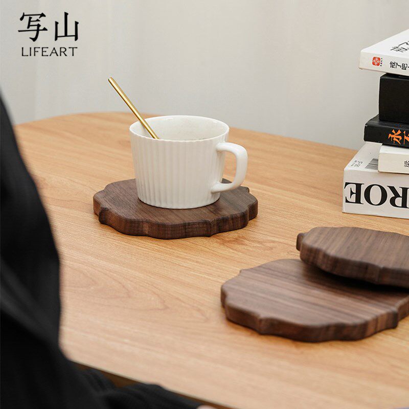 黑胡桃木奶茶咖啡杯垫轻u奢高级感办公室木质茶杯垫公道杯隔热垫