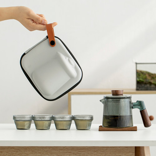 玻璃便携功夫茶具套装实r木手把防烫泡茶壶个人专用随身旅行快客