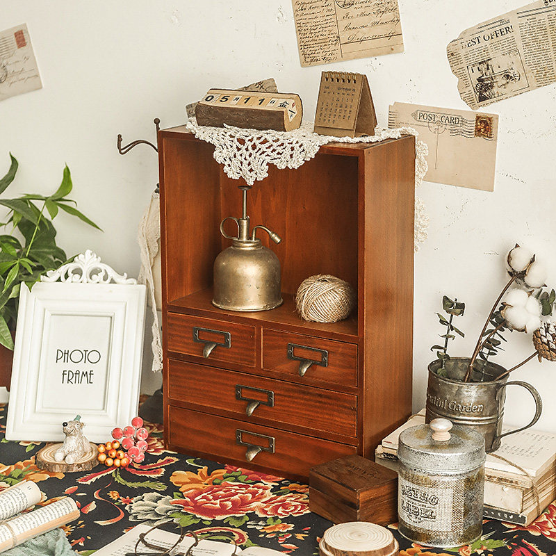 化妆品置物架多层木盒子长方形实木复G古分类收纳盒桌面抽屉式学